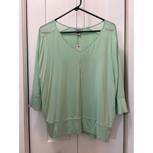DKNY Mint Green V-Neck Mesh Shoulder Dolman 3/4 Sleeve Knit Top Large NWT